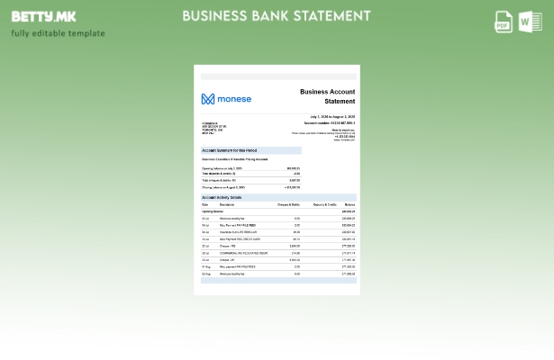 модерен стил на Monese банка деловен извод од банка Шаблон Word и PDF формат